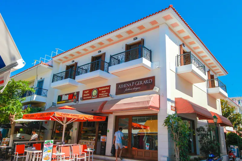 Shops and awnings along Papadiamantis Street in Skiathos Town