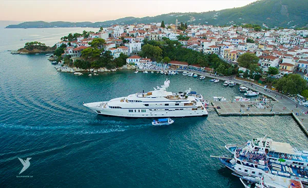 Skiathos Town and its harbour at dusk